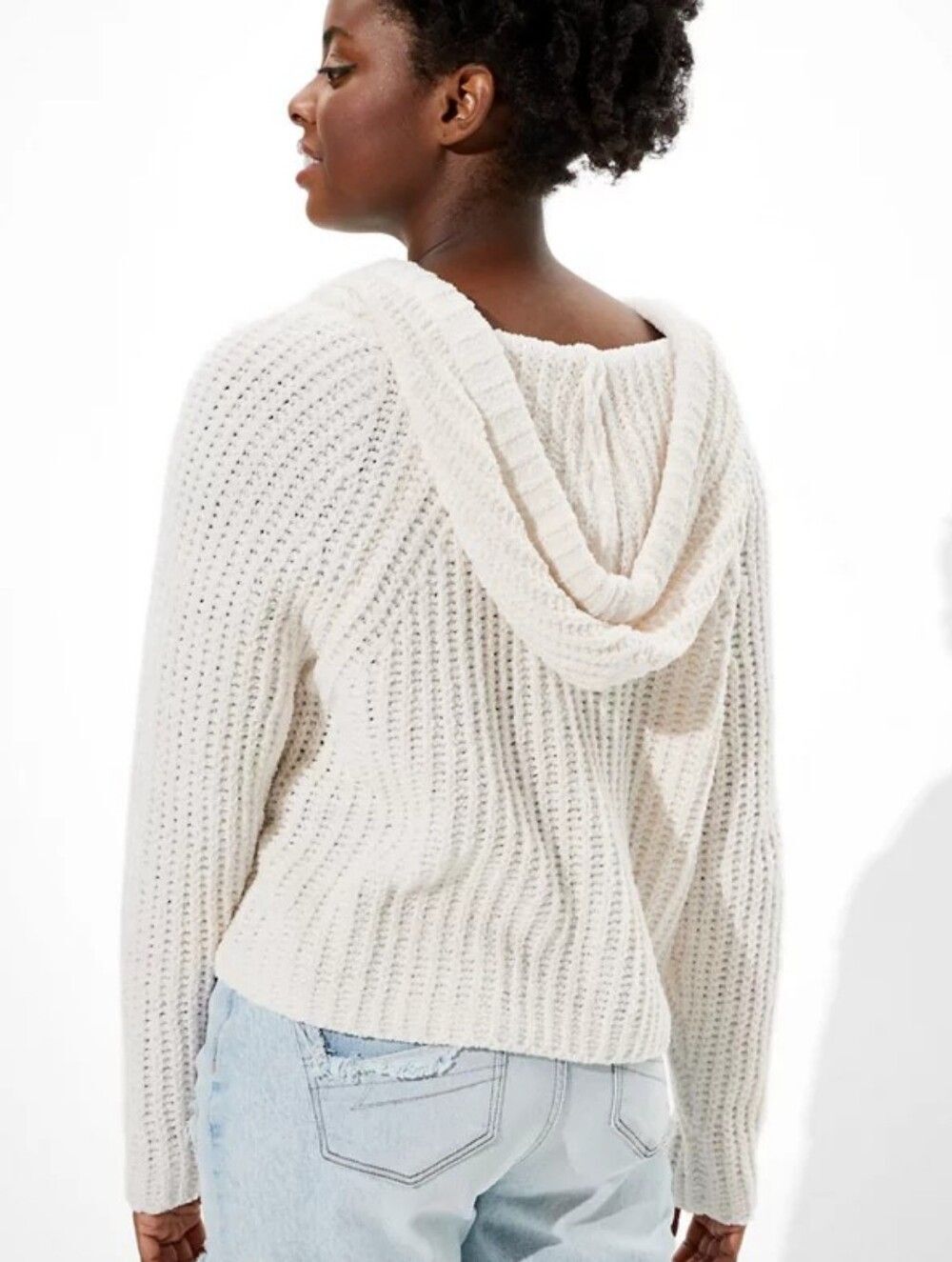American Eagle Womens White Chenille Open Knit Cropped Hooded Sweater Size Small - Picture 2 of 13